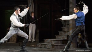 Edmond Dantes (Al Espinosa) seeks revenge against one of his wrongdoers, Danglars (Raffi Barsoumian) in an extended and well choreographed swordfight in Act 2 of OSF’s The Count of Monte Cristo. Photo by Jenny Graham.