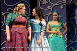 King’s older daughter Pamela (Bonnie Milligan), younger daughter Philoclea (Tala Ashe) and their Lady in Waiting, Mopsa (Britney Simpson) in Oregon Shakespeare Festival’s “Head Over Heels”. Photo by Jenny Graham.