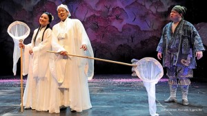 Woman in White (Leah Anderson), Man in White (Paul Juhn) and Tao (Eugene Ma) in Peach Blossom Land (utopia) in OSF’s Secret Love In Peach Blossom Land