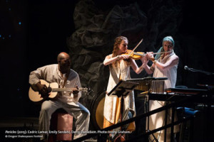 Actors Cedric Lamar plays guitar and Emily Serdahl violin, while musician par excellence Darcy Danielson plays flute for OSF’s Pericles. Photo by Jenny Graham.