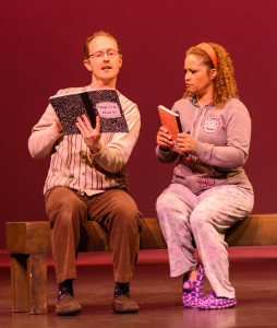 This Hurts: Adam Cuppy explains his genetic nerve disorder that leaves him unable to feel physical pain to Jade Chavis Watt, in Next Stage Repertory Company's production of "Almost, Maine" at the Craterian Theatre at the Collier Center for Performing Arts in Medford, OR