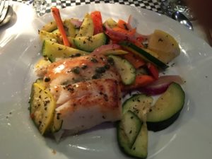 My diabetic friendly plate of Pan Seared Pacific Halibut & fresh vegetables for dinner at performance of Chicago at Oregon Cabaret Theatre.